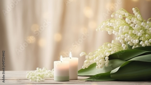 Wallpaper Mural Elegant lily of the valley bouquet paired with softly glowing candles, creating a serene and romantic ambiance against a soft background.
 Torontodigital.ca