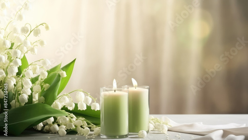 Wallpaper Mural Elegant lily of the valley bouquet paired with softly glowing candles, creating a serene and romantic ambiance against a soft background.
 Torontodigital.ca