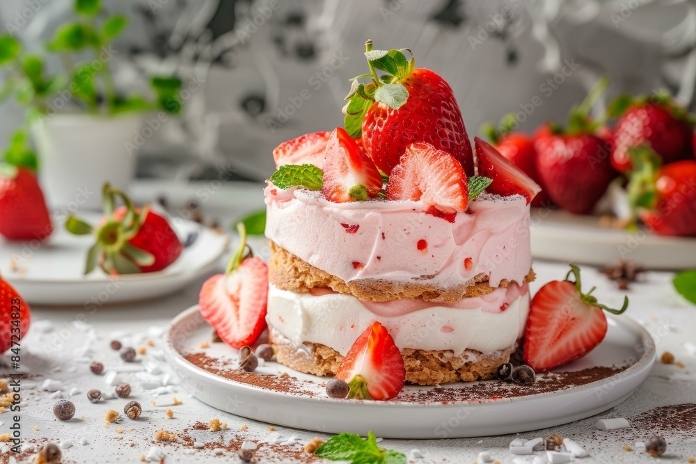 Delicious strawberry cake being decorated with fresh strawberries and mint by a pastry chef on a white plate Delicious strawberry cake being decorated with fresh strawberries and mint by a pastry chef on a white plate