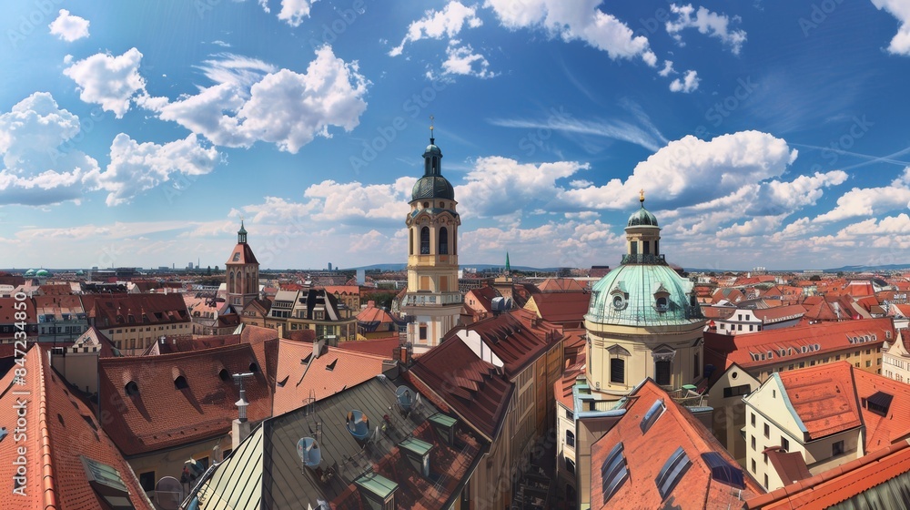 Obraz premium Aerial view of historic European cityscape with vibrant red rooftops and a blue sky. The image captures classic architecture. Perfect for travel, tourism, and European history enthusiasts. AI