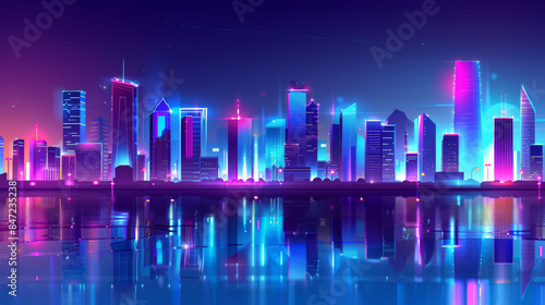 Futuristic neon city skyline at night with reflections on water.
