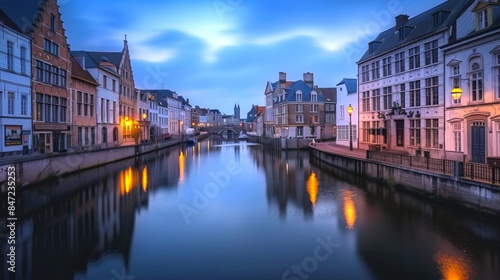 Charming canal street at dusk in a European town. The soft glow of street lamps reflects in calm waters. Cozy atmosphere with beautifully lit buildings, perfect for travel and tourism content. AI