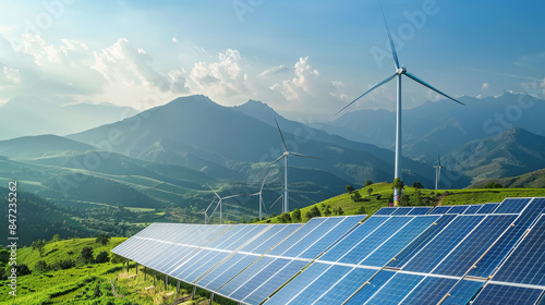 Harnessing wind and solar energy amidst scenic mountains