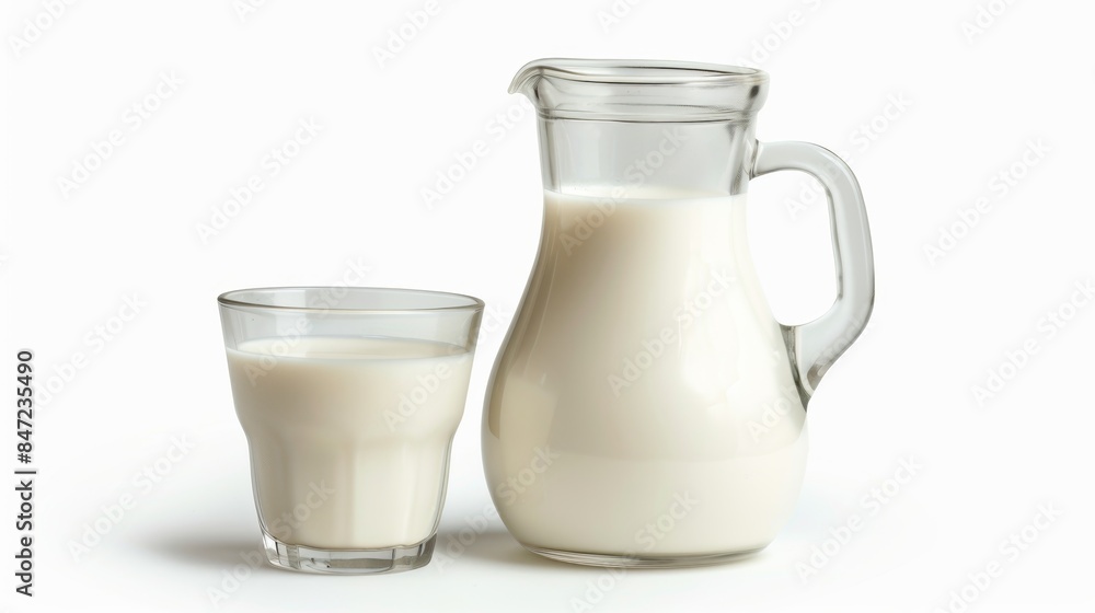 Glass of fresh milk next to a full pitcher on a white background. The image showcases the simplicity and purity of milk, suitable for promoting dairy products. Clean and minimalistic style. AI Glass of fresh milk next to a full pitcher on a white background. The image showcases the simplicity and purity of milk, suitable for promoting dairy products. Clean and minimalistic style. AI
