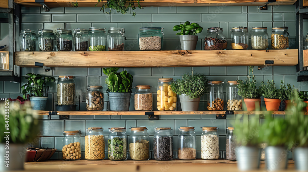 A modern kitchen with reusable containers, cloth bags, and zero-waste products prominently displayed A modern kitchen with reusable containers, cloth bags, and zero-waste products prominently displayed