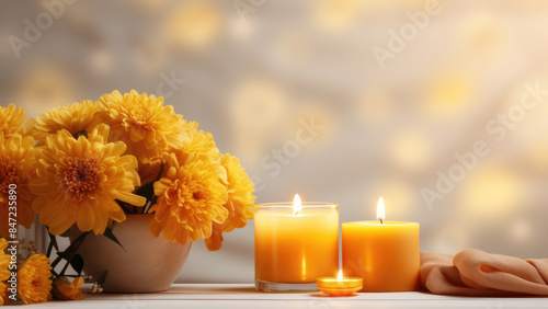 Wallpaper Mural Elegant yellow chrysanthemums paired with softly glowing candles, creating a serene and romantic ambiance against a soft background.
 Torontodigital.ca