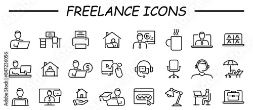 Freelance icons. Simple icon set of workplace related vector line icons. contains such icons as remote work, coworking, video conference and more. photo