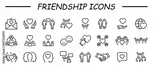 Friendship, icon set. Communication and Interaction, mutual affection, relationship between people, linear icons. Friends chatting and having fun with each other.