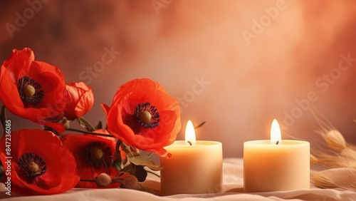 Wallpaper Mural Elegant red poppies paired with softly glowing candles, creating a serene and romantic ambiance against a soft background.
 Torontodigital.ca