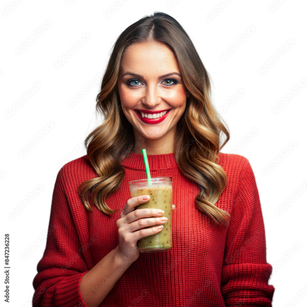 Smiling woman holding healthy smoothie with straw on transparent background Smiling woman holding healthy smoothie with straw on transparent background