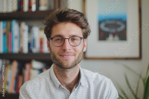 A man wearing glasses is smiling at the camera