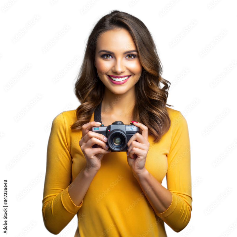 Smiling woman holding camera on a transparent background Smiling woman holding camera on a transparent background