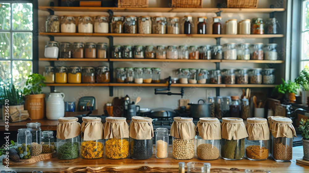 A modern kitchen with reusable containers, cloth bags, and zero-waste products prominently displayed A modern kitchen with reusable containers, cloth bags, and zero-waste products prominently displayed