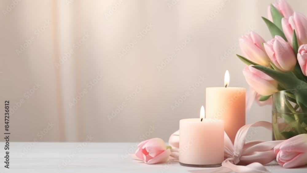 A serene arrangement of pink tulips and softly glowing candles, creating a peaceful and romantic ambiance perfect for relaxation and tranquility.
A serene arrangement of pink tulips and softly glowing candles, creating a peaceful and romantic ambiance perfect for relaxation and tranquility.