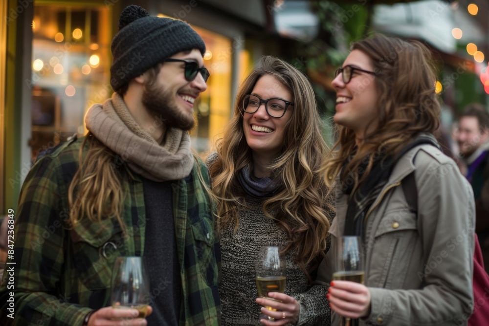 Group of friends having fun and drinking beer on a city street. Group of friends having fun and drinking beer on a city street.