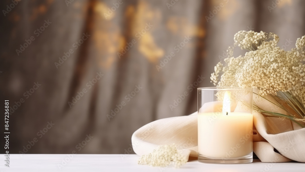 A cozy arrangement with a lit candle and delicate white flowers, creating a warm and inviting atmosphere perfect for relaxation and tranquility.
A cozy arrangement with a lit candle and delicate white flowers, creating a warm and inviting atmosphere perfect for relaxation and tranquility.