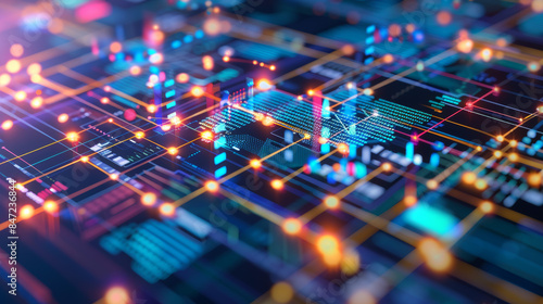Abstract visualization of a digital technology network with neon lights and data nodes.