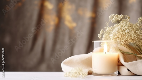 A cozy arrangement with a lit candle and delicate white flowers, creating a warm and inviting atmosphere perfect for relaxation and tranquility.

