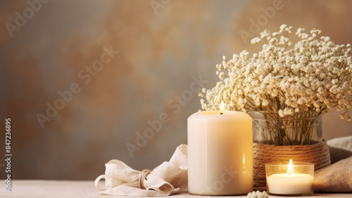 A cozy arrangement with a lit candle and delicate white flowers, creating a warm and inviting atmosphere perfect for relaxation and tranquility.


