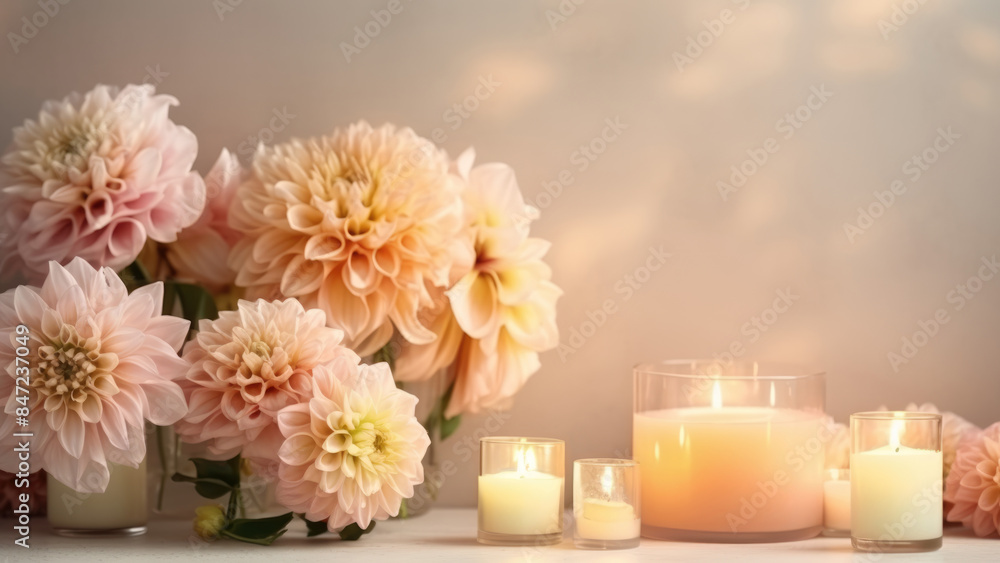 A beautiful arrangement of pink dahlias and various candles, creating a soft, romantic ambiance perfect for cozy and tranquil moments.

