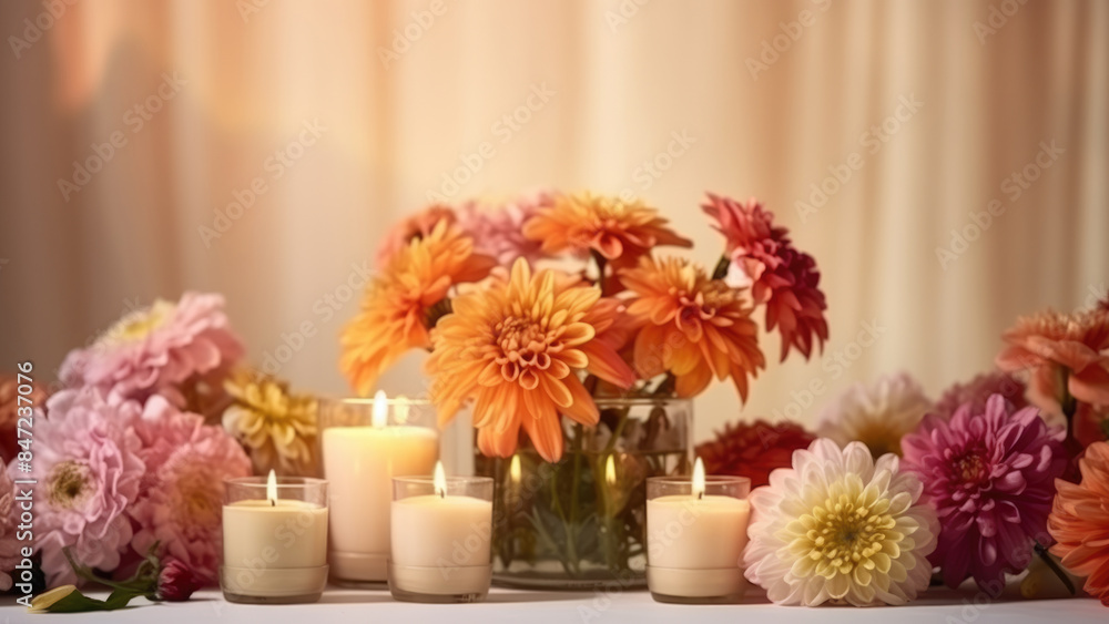 A beautiful arrangement of pink dahlias and various candles, creating a soft, romantic ambiance perfect for cozy and tranquil moments.
A beautiful arrangement of pink dahlias and various candles, creating a soft, romantic ambiance perfect for cozy and tranquil moments.