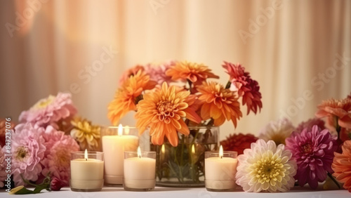 A beautiful arrangement of pink dahlias and various candles, creating a soft, romantic ambiance perfect for cozy and tranquil moments.

