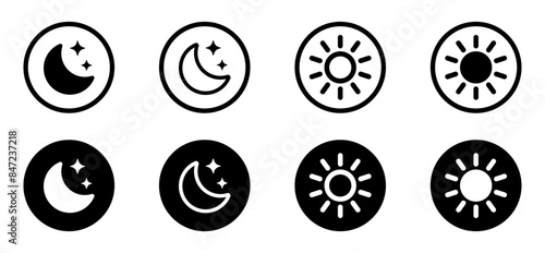 Sun and moon icon vector signs. Day and night line and filled concepts
