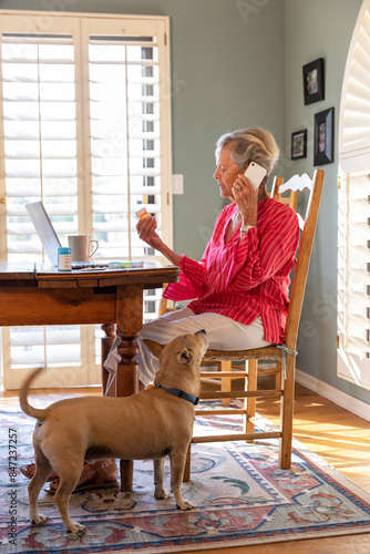 Senior  ordering refill on mobile phone with pet dog 