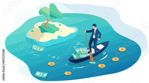 vector man sailing on a boat with oars around money flat style .Generative AI