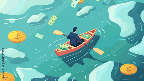 vector man sailing on a boat with oars around money flat style .Generative AI