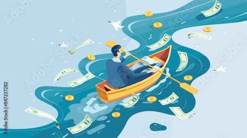 vector man sailing on a boat with oars around money flat style .Generative AI