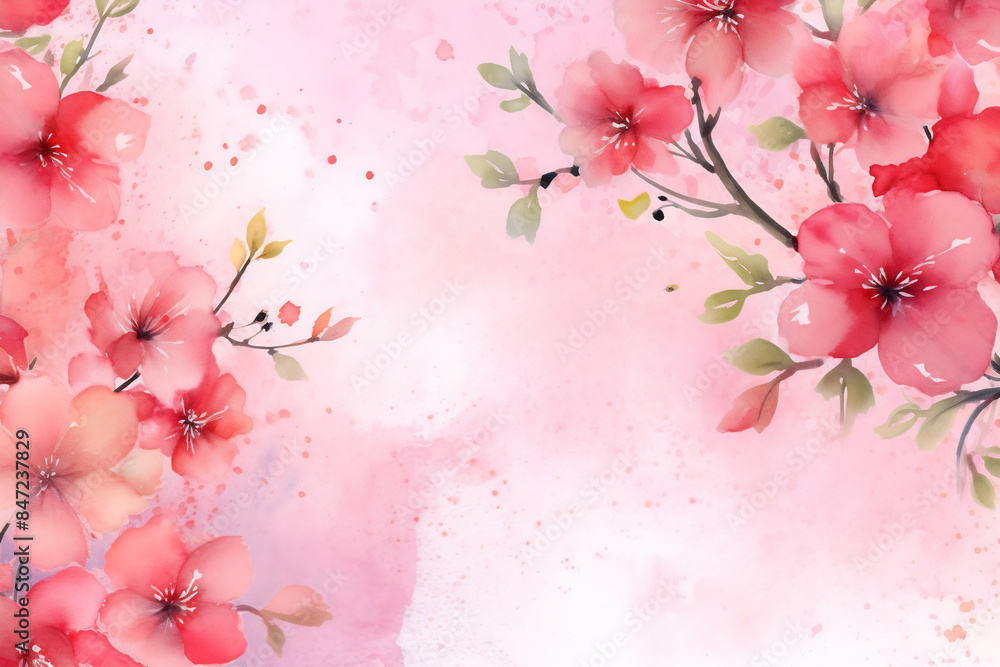 Naklejka premium Pink watercolor painting of cherry blossoms in full bloom
