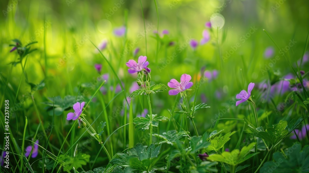 Geranium pratense flowers blooming on the green grass in a summer meadow Geranium pratense flowers blooming on the green grass in a summer meadow