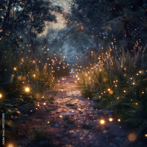Mystical 4th of July Walk Way Night Path Fireflies 4K Detail, Hyperrealistic 