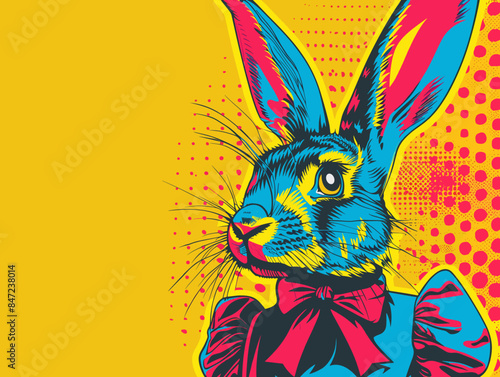 anthropomorphic hare girl dress on a yellow background in the style of a desk