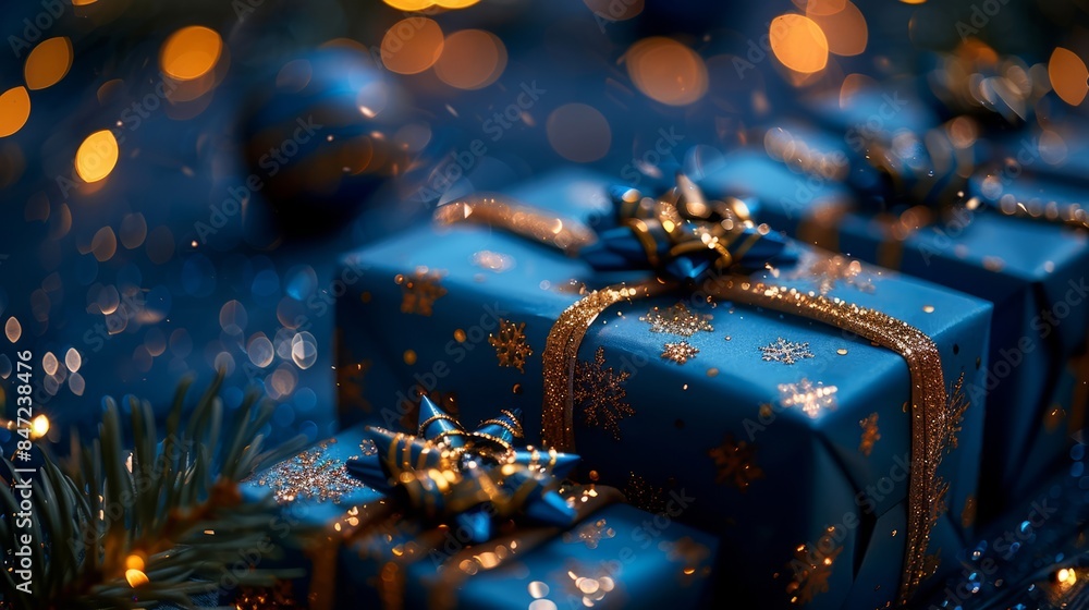 Holiday Gifts Wrapped in Blue Paper with Golden Ribbon Holiday Gifts Wrapped in Blue Paper with Golden Ribbon