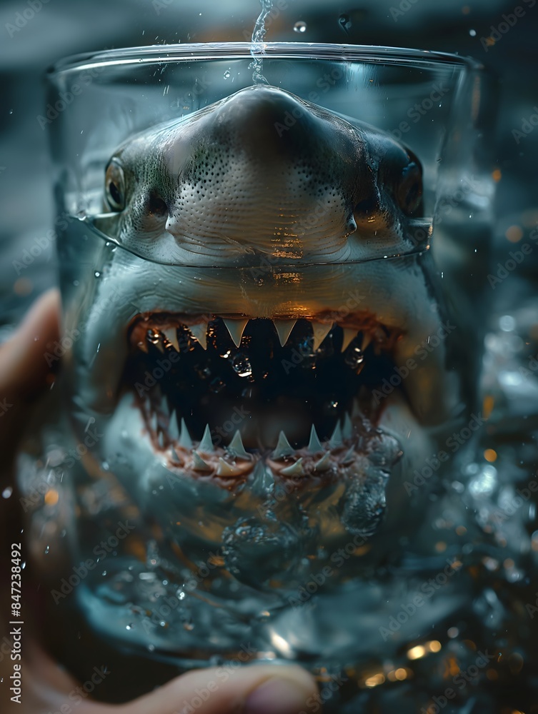 Obraz premium Hand holding mini glass with shark inside, hyper realistic