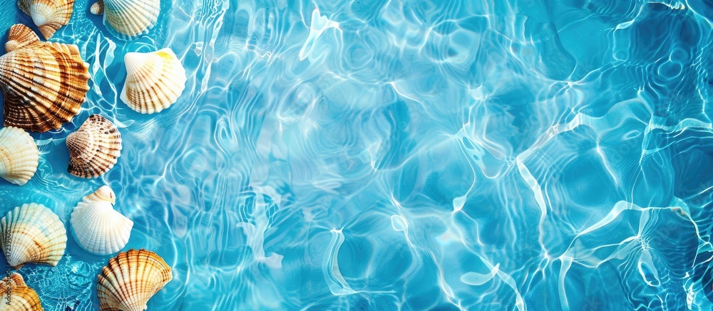 Blue Water Texture with Shells on the Surface of a Pool: Spa Concept Background Blue Water Texture with Shells on the Surface of a Pool: Spa Concept Background