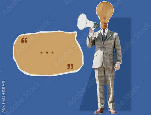 Collage of a Businessman talking on a megaphone. Contemporary vector halftone illustration. Concept of manager's communication or leader storytelling inspirational ideas. Promotion poster.