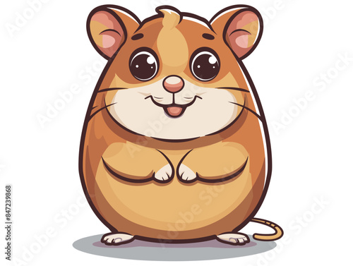 A cartoon hamster is standing on its hind legs and looking at the camera. The hamster is small and furry, with a cute expression on its face
