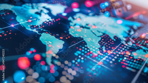 digital world map with data points and glowing lights