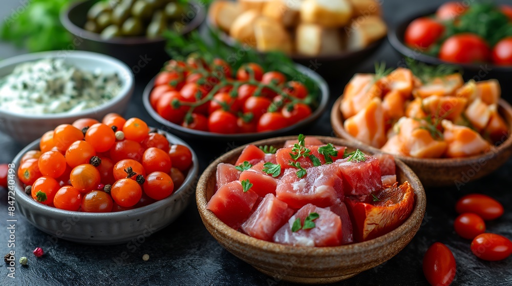 Set with different appetizers in small portions healthy and delicious snacks diet food Set with different appetizers in small portions healthy and delicious snacks diet food