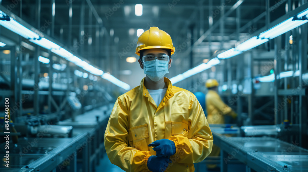 Worker wearing a hard hat and face mask demonstrates safety and health protocols in a modern factory Worker wearing a hard hat and face mask demonstrates safety and health protocols in a modern factory