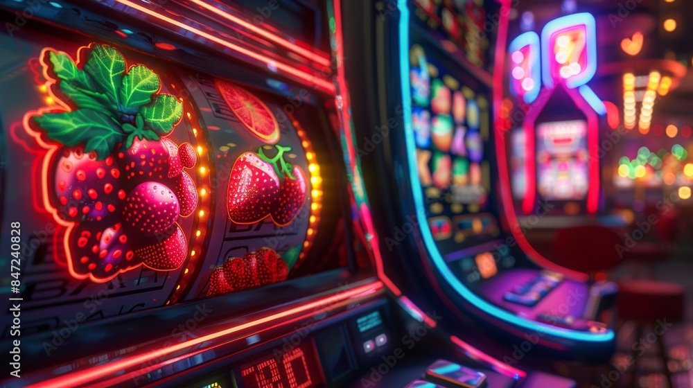 Vibrant Neon Slot Machines in a Lively Casino Setting Vibrant Neon Slot Machines in a Lively Casino Setting