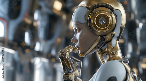 Female robot thinking with golden metallic structure in the background, futuristic concept art