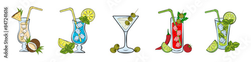Doodle Alcoholic Cocktails on white Background. Vector Illustration: Majito, Pina Colada, Bloody Mary, Dirty Martini, Blue Lagoon Hand Drawn Design for bar, restaurant, menu, banner, poster, web.