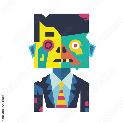 Abstract cubist male figure surreal features vibrant colors graphic suit tie isolated white background. Multicolored face geometric shapes businessman expression vector illustration. Creative