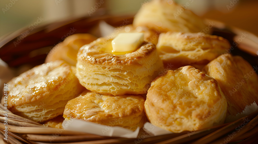 A basket of golden, flaky fast food biscuits with a pat of butter on top A basket of golden, flaky fast food biscuits with a pat of butter on top