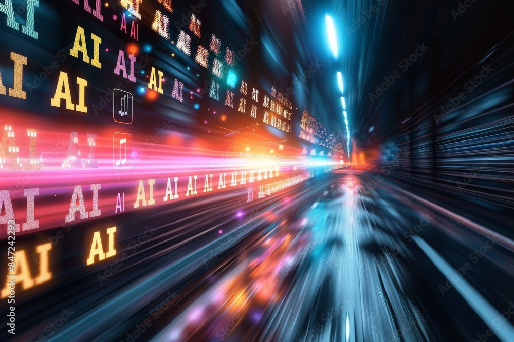 High Speed AI Data Flow in Neon Tunnel with Digital Interface and Futuristic Elements High Speed AI Data Flow in Neon Tunnel with Digital Interface and Futuristic Elements