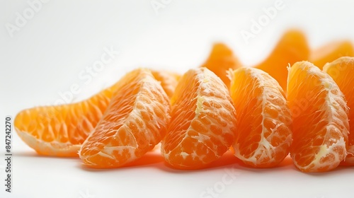 Fresh Orange segments, close view, isolated on white background